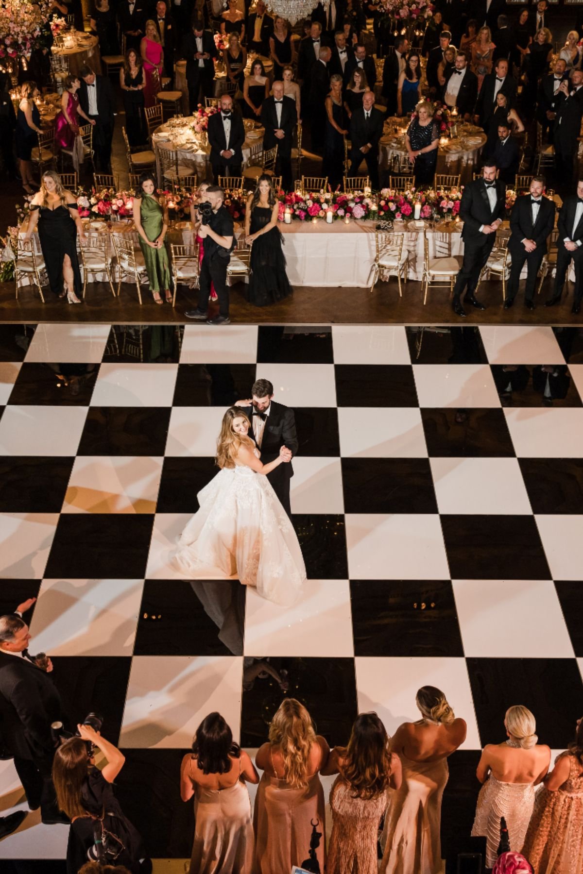 Black and white checkerboard dance floor rental set up for a Salt Lake City wedding reception