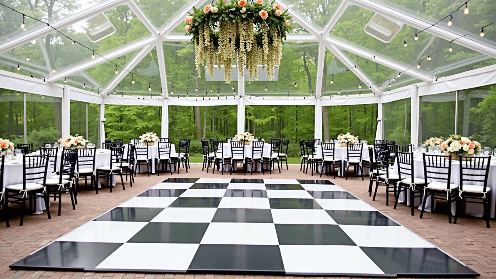 Checkerboard dance floor set up under a clear tent at an outdoor Salt Lake City wedding reception