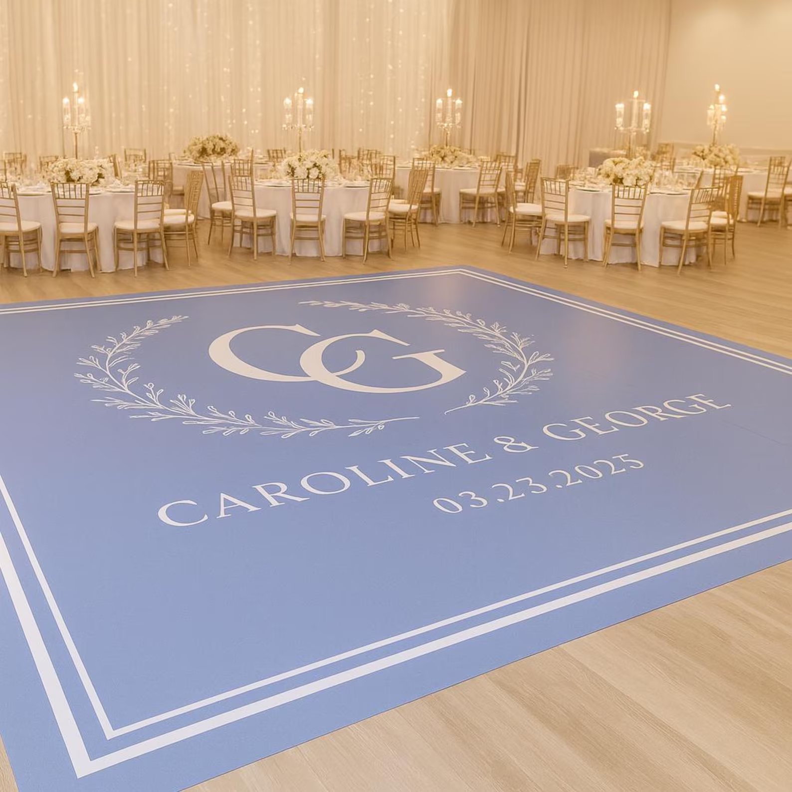 Custom printed vinyl dance floor design at a Salt Lake City wedding reception